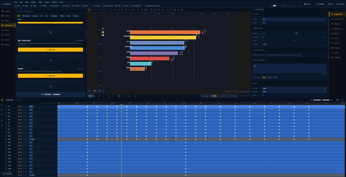 A bar chart race in FlashFX with the animation template browser open, showing Bar Chart Race and Beach among the presets