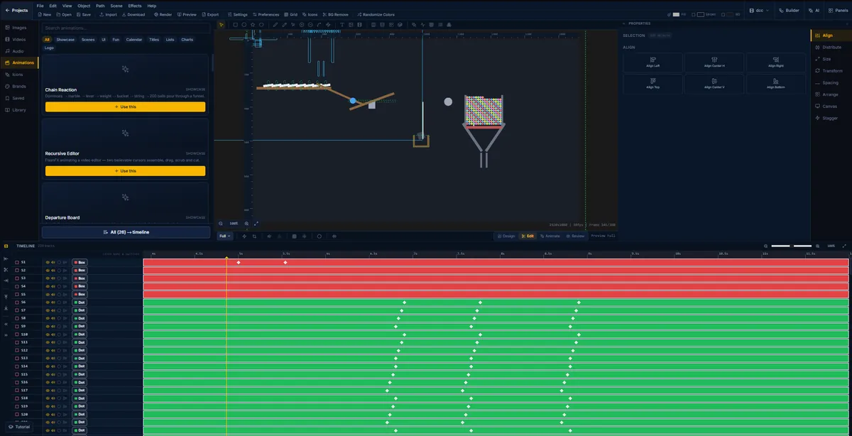 A chain reaction animation in FlashFX: dominoes into a marble, a lever, a bucket and 200 balls through a funnel
