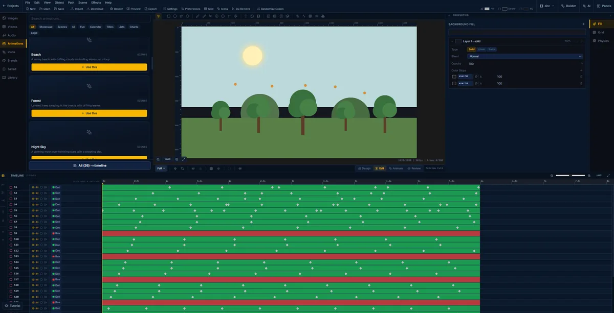 A daytime forest scene in FlashFX with the background fill panel open on its solid colour stops