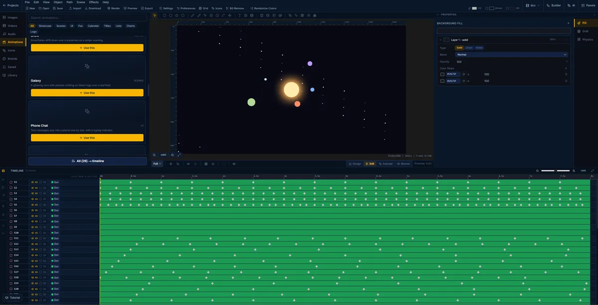 A galaxy scene in FlashFX with fifty-seven layers, planets held on tilted orbital rings over a starfield