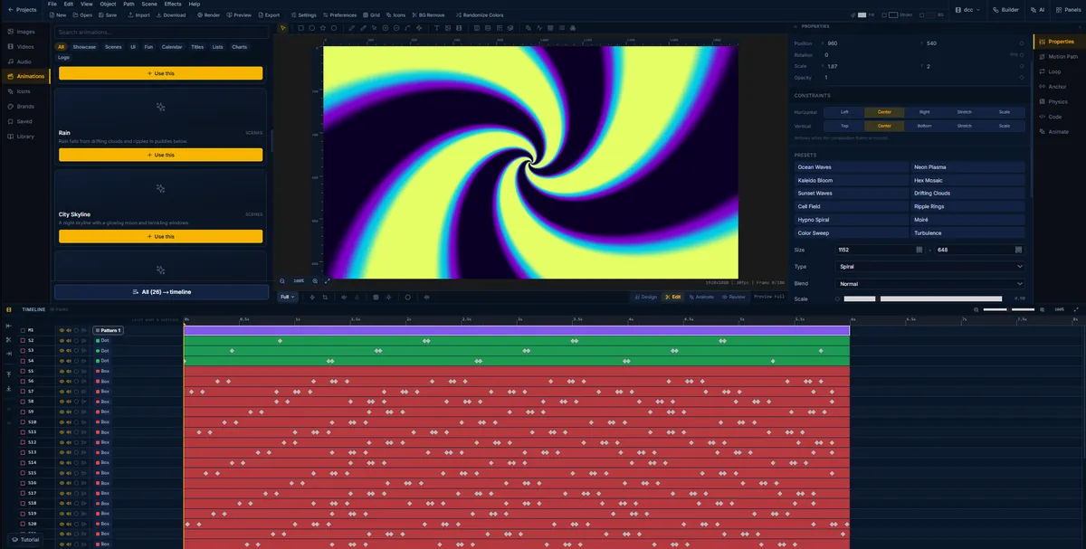 A hypnotic spiral pattern generated in FlashFX, with the pattern presets and parameters open