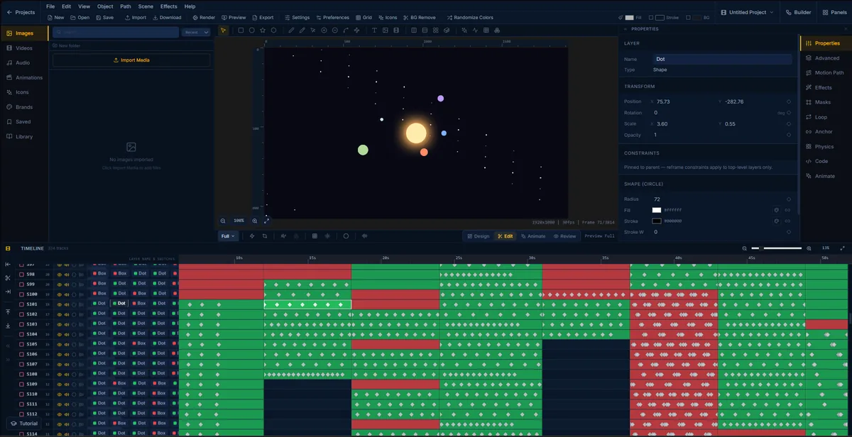 An orbiting solar system in FlashFX with a circle layer selected, its radius, fill and transform values open in the properties panel