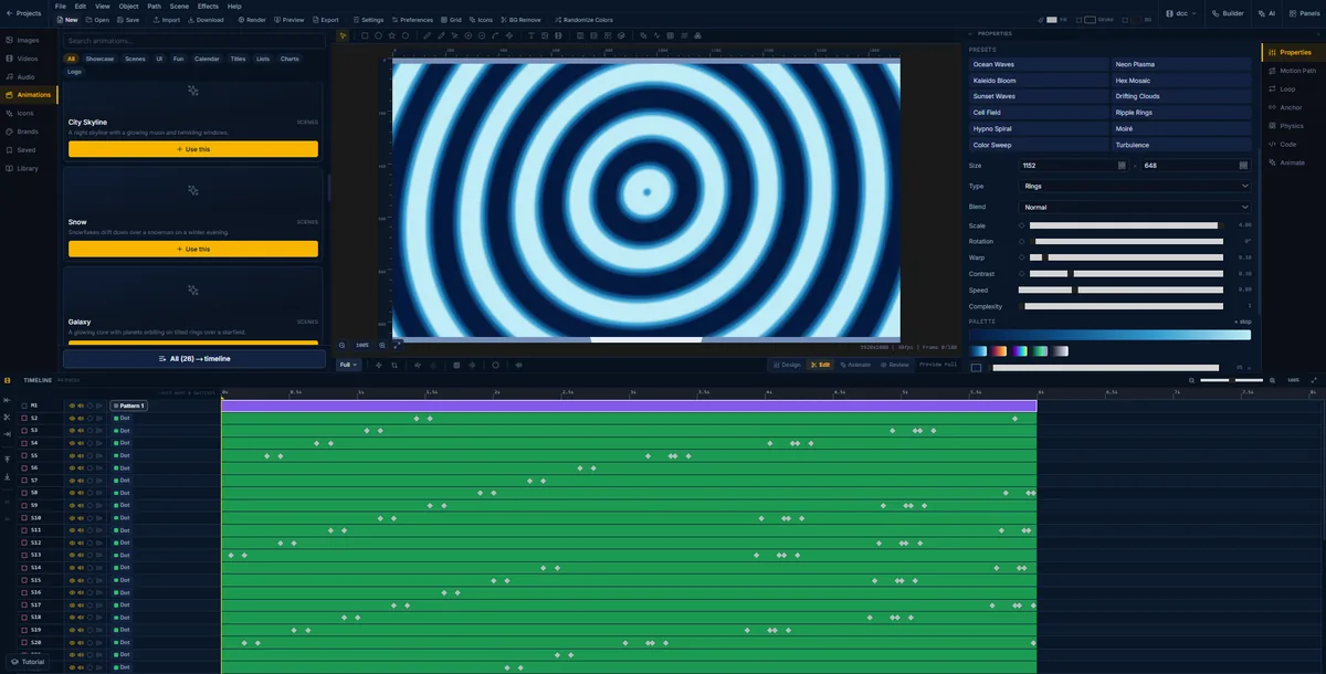 A ripple ring pattern in FlashFX with its scale, rotation, warp, contrast, speed and complexity sliders and a colour palette
