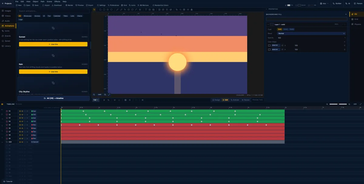 A sunset scene in FlashFX with its ten-track timeline, dot and box layers animating the sun and its reflection